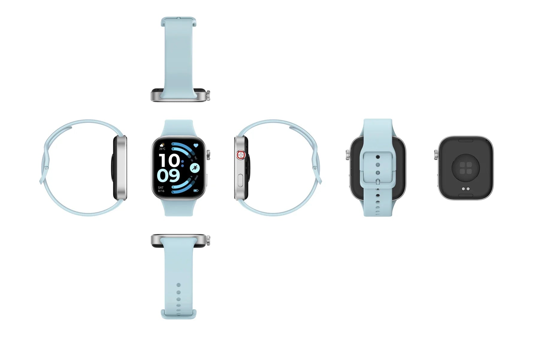 Zes aanzichten van de Xiaomi Redmi Watch 6 in het blauw