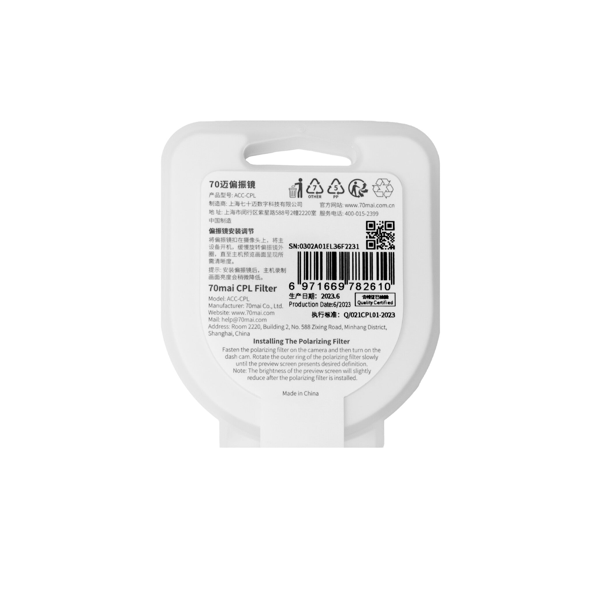 Xiaomi 70mai CPL Filter für 70mai Lite 2, Pro, A500S und A800S