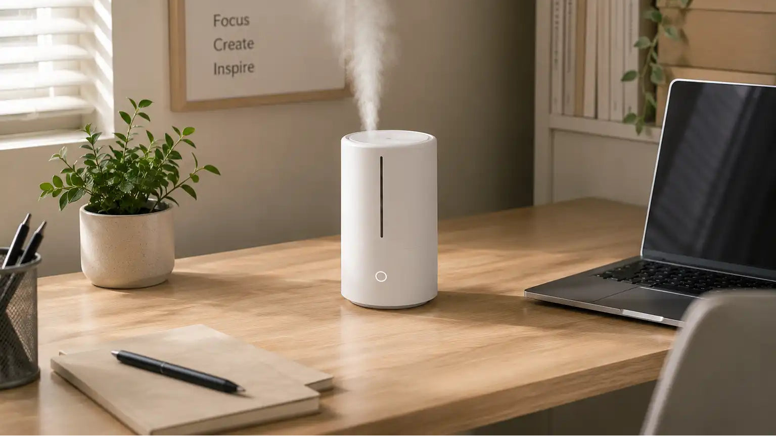 Xiaomi luchtbevochtiger met zichtbare waterdamp op creatief bureau tussen plant, laptop en inspiratieposter