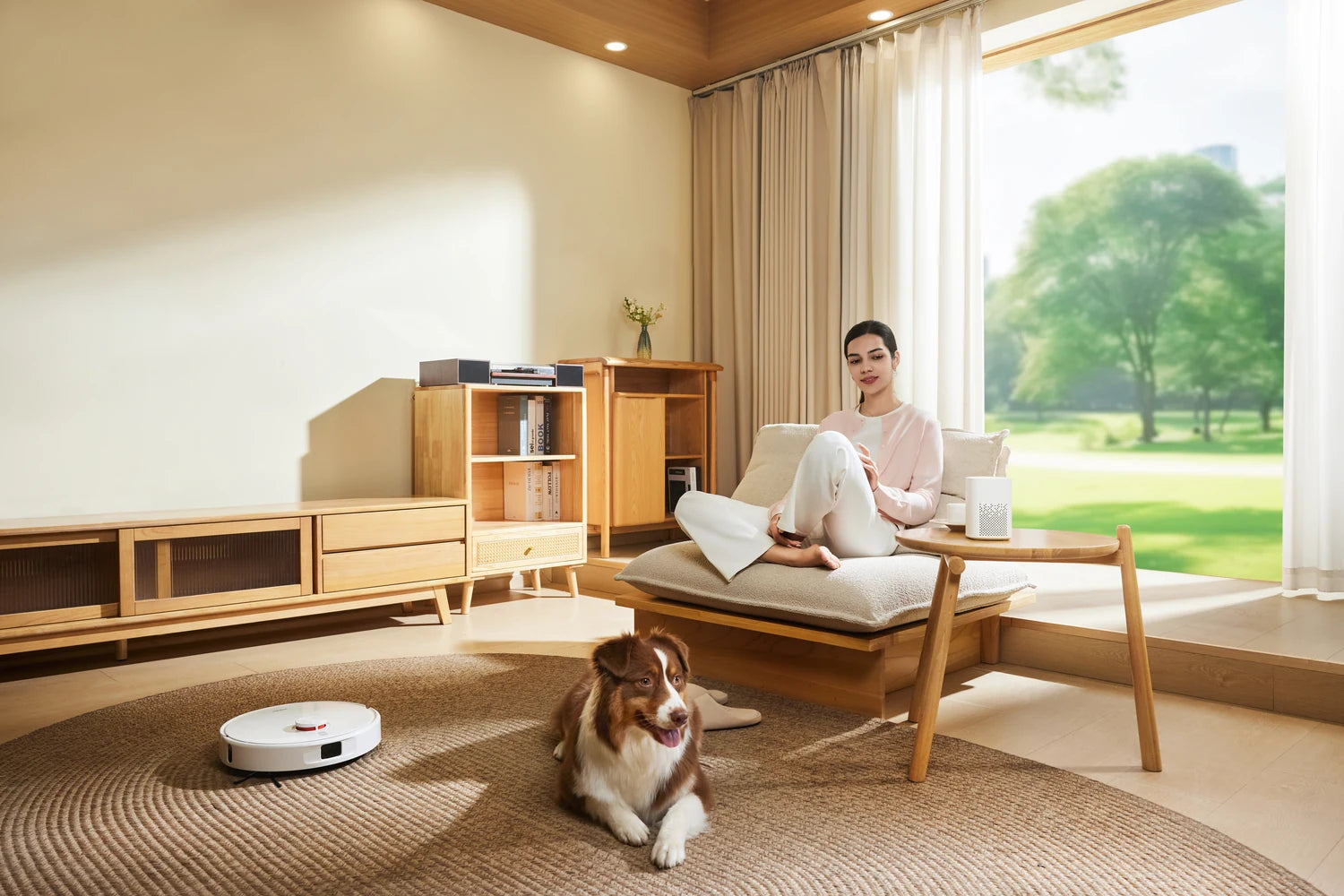 Persoon bedient de Xiaomi Robot Vacuum H50 robotstofzuiger via de app vanaf de bank